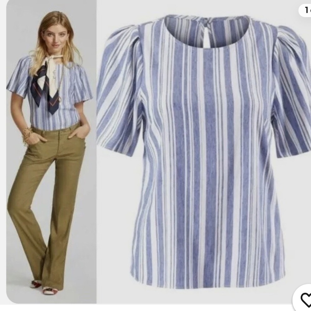 Cabi Blue White Stripe Wing Top Style 5343 Size XS Linen Blend Blouse